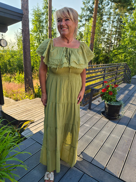 Puuvillamekko röyhelökaulus kiiwi