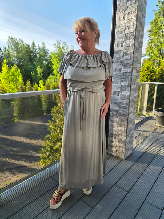 Röyhelökaulusmekko harmaa/beige